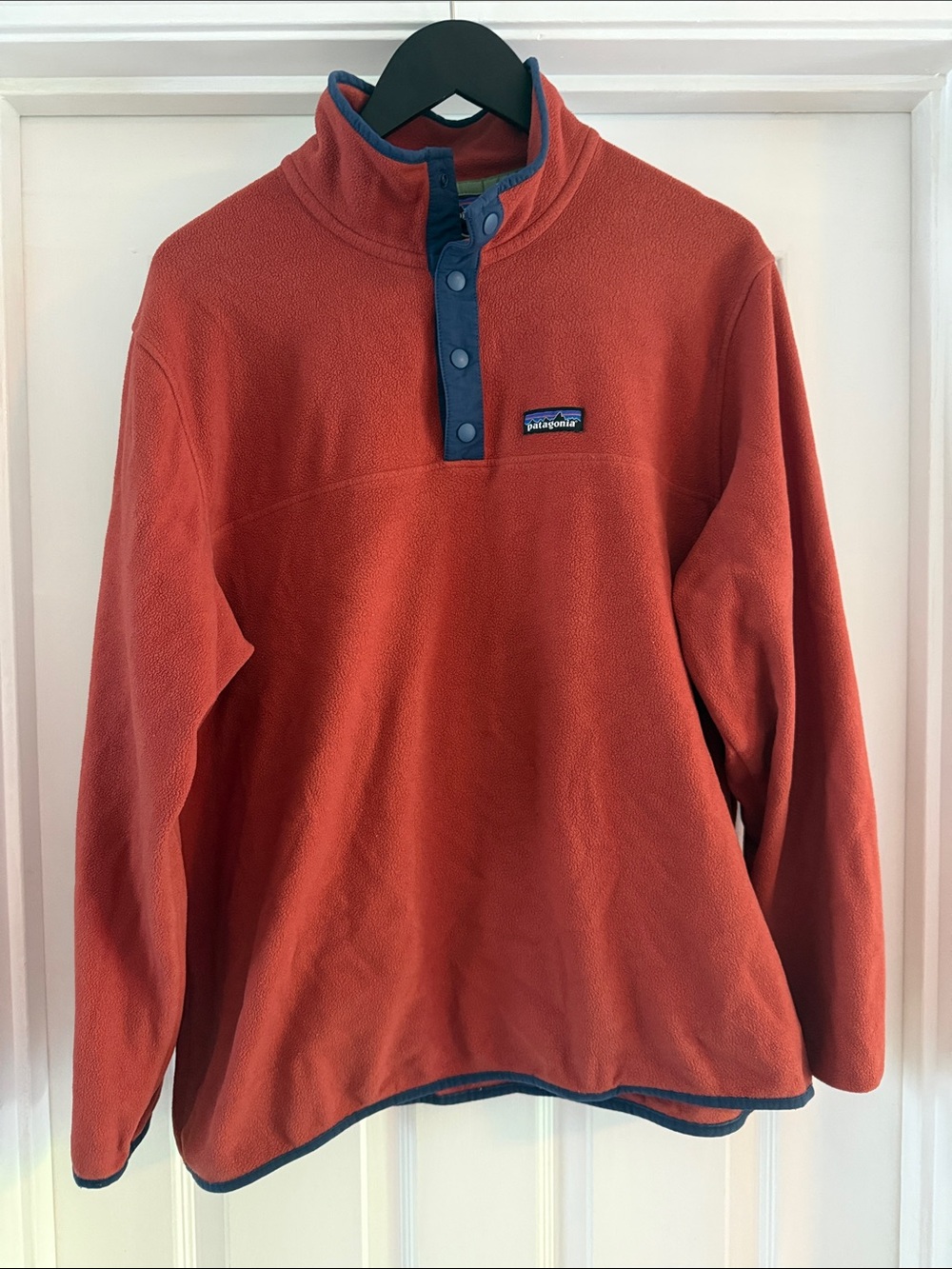 Patagonia Rust Orange Fleece Pullover with Blue Trim